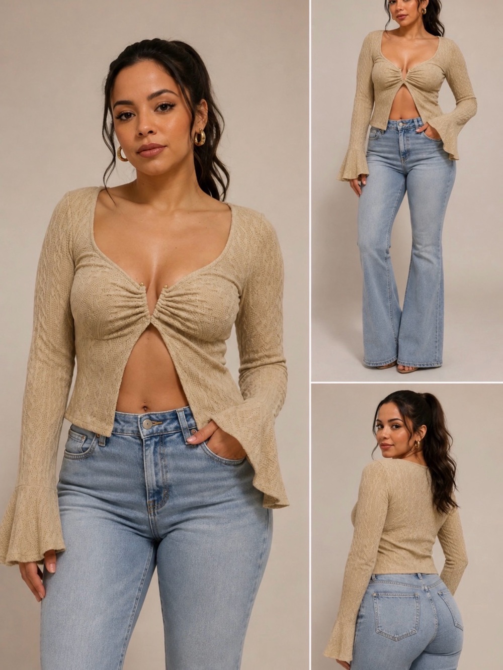 Fashion Nova Beige Lace Bell Sleeve Top – Size Large – NWT